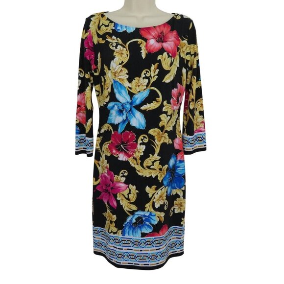 Cache Womens 4 Tropical Hibiscus Flower Floral Gold Scroll Floral Sheath Dress - Picture 1 of 10